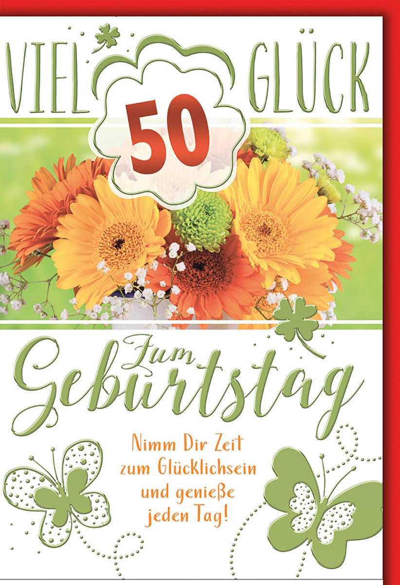 Geburtstagskarte 50 Jahre – Bunte Blumen mit Schmetterlingen und Glückwunschtext