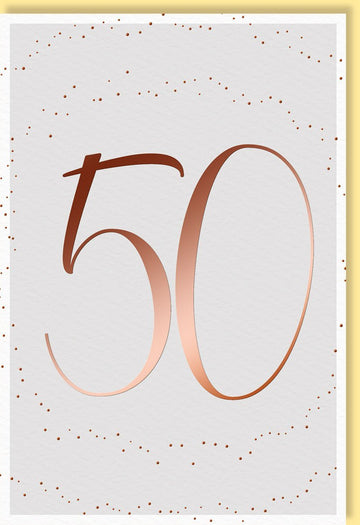 Geburtstagskarte 50 Jahre: Elegante goldene Zahl auf Weiß mit stilvollem Punktedesign und Umschlag