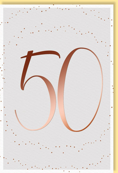 Geburtstagskarte 50 Jahre: Elegante goldene Zahl auf Weiß mit stilvollem Punktedesign und Umschlag