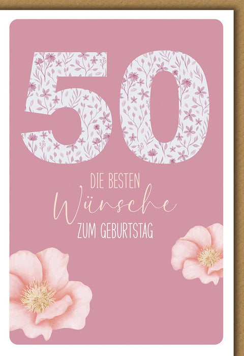 Geburtstagskarte 50 Jahre Frauen – Rosa Blumenmuster mit zarten Blüten und Eleganz