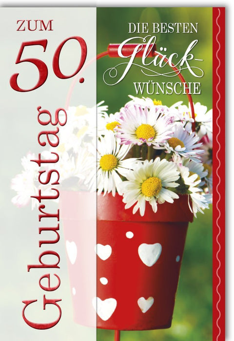 Geburtstagskarte 50 Jahre - Fröhliche Karte mit Gänseblümchen & Herz - Dekor, Rot - Weiß, Geschenkidee für Frauen & Männer zum Fünfzigsten