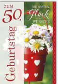 Geburtstagskarte 50 Jahre - Fröhliche Karte mit Gänseblümchen & Herz-Dekor, Rot-Weiß, Geschenkidee für Frauen & Männer zum Fünfzigsten
