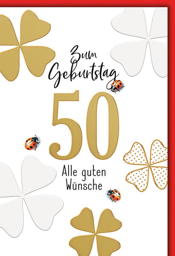 Geburtstagskarte 50 Jahre – Goldene Kleeblätter mit Marienkäfern und modernem Design