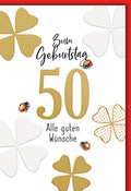 Geburtstagskarte 50 Jahre – Goldene Kleeblätter mit Marienkäfern und modernem Design