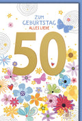 Geburtstagskarte 50 Jahre – Goldene Zahl mit bunten Blumen und Schmetterlingen
