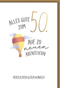 Geburtstagskarte 50 Jahre – Heißluftballon Aquarell mit Abenteuer-Motiv