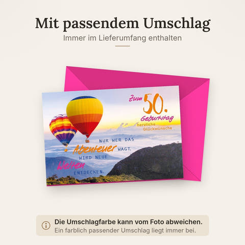 Geburtstagskarte 50 Jahre: Heißluftballons über Bergen im Sonnenuntergang - Herzliche Glückwünsche zum Abenteuer des Lebens
