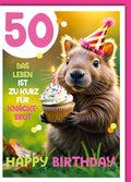 Geburtstagskarte 50 Jahre Lustig – Capybara mit Partyhut und Cupcake im Comic-Stil