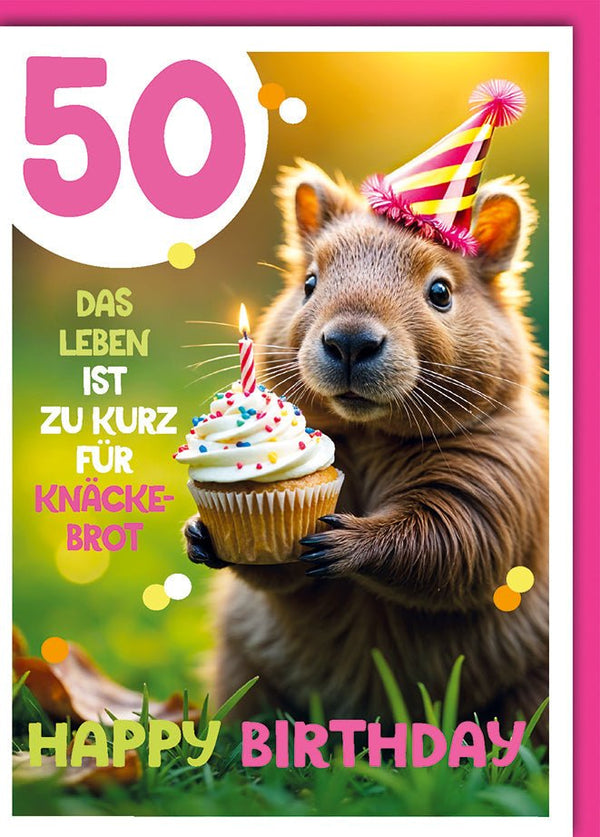 Geburtstagskarte 50 Jahre Lustig – Capybara mit Partyhut und Cupcake im Comic-Stil