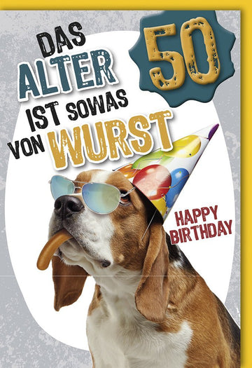 Geburtstagskarte 50 Jahre: Lustiger Hund mit Sonnenbrille & Wurst - Humorvolle Deko für Jubiläum und Feier