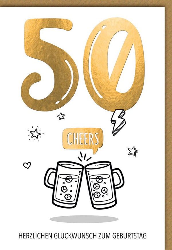Geburtstagskarte 50 Jahre Männer – Goldene 50 mit Bierkrügen und Cheers-Sprechblase