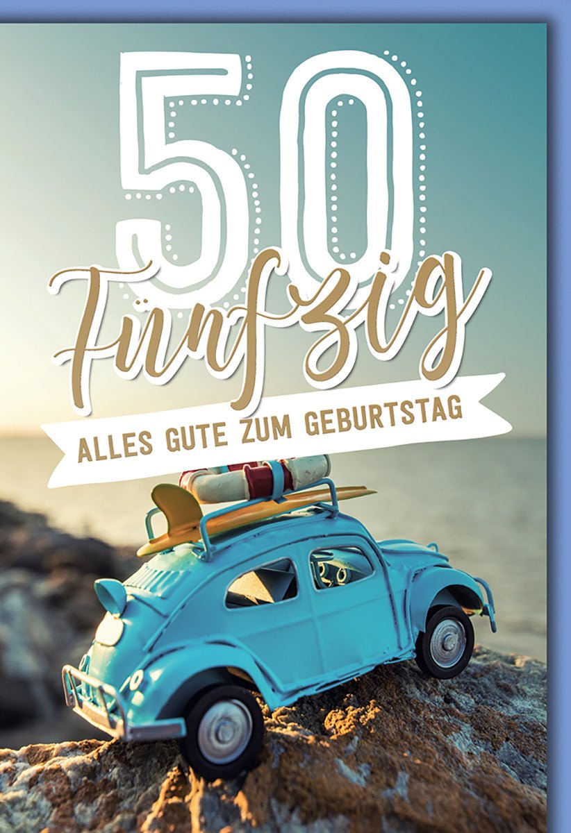 Geburtstagskarte 50 Jahre Männer – Retro Auto am Strand mit Surfbrett und Sonnenuntergang