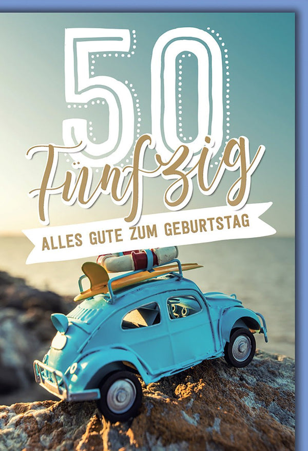 Geburtstagskarte 50 Jahre Männer – Retro Auto am Strand mit Surfbrett und Sonnenuntergang