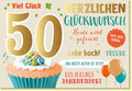 Geburtstagskarte 50 Jahre mit Cupcake Ballons und fröhlichen Glückwünschen für Frauen und Männer zum runden Jubiläum