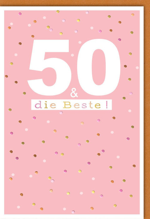 Geburtstagskarte 50 Jahre rosa mit Konfetti und Aufschrift 50 und die Beste moderne Doppelkarte für Frauen runder Geburtstag Doppelkarte