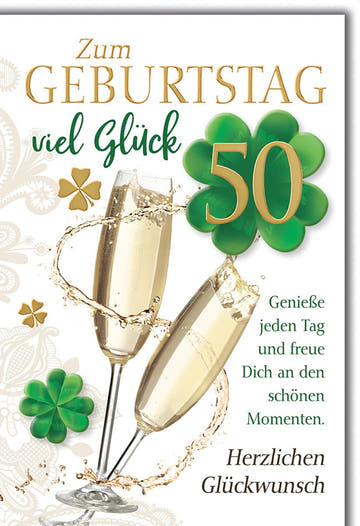 Geburtstagskarte 50 Jahre – Sektgläser mit Kleeblatt und goldenen Akzenten