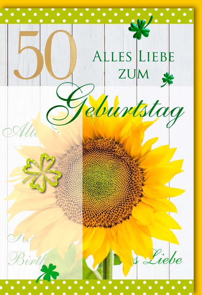 Geburtstagskarte 50 Jahre - Sonnenblumen & Goldzahl, Holzoptik in Grün - Gelb für Frauen & Männer