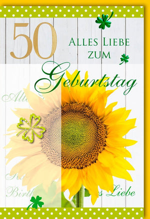 Geburtstagskarte 50 Jahre - Sonnenblumen & Goldzahl, Holzoptik in Grün-Gelb für Frauen & Männer