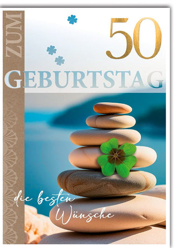 Geburtstagskarte 50 Jahre – Zen - Steinturm mit grüner Blume und beruhigendem Design