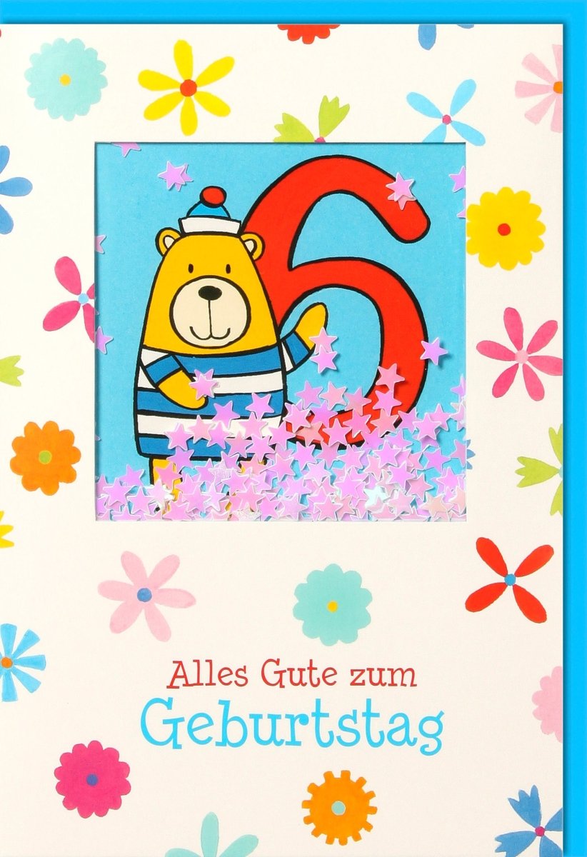 Geburtstagskarte 6 Jahre - Fröhlicher Bär mit Blumen & Konfetti - Alles Gute zur bunten Party!