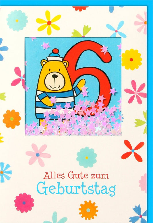 Geburtstagskarte 6 Jahre - Fröhlicher Bär mit Blumen & Konfetti - Alles Gute zur bunten Party!