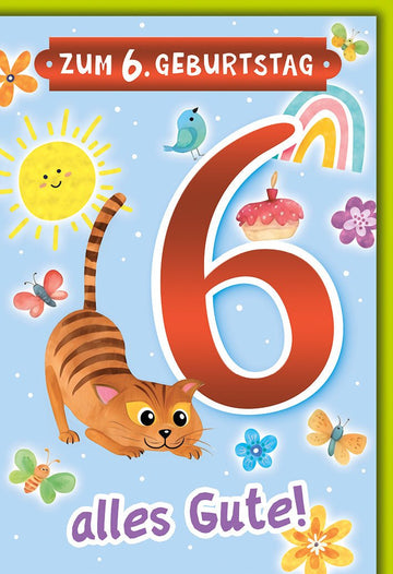 Geburtstagskarte 6 Jahre Kinder – Fröhliche Katze mit Regenbogen und Schmetterlingen