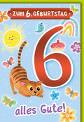 Geburtstagskarte 6 Jahre Kinder – Fröhliche Katze mit Regenbogen und Schmetterlingen