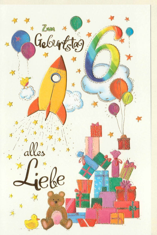 Geburtstagskarte 6 Jahre - Rakete & Ballons mit Glitzer, Teddy & Zahlen für bunten Spaß und Freude
