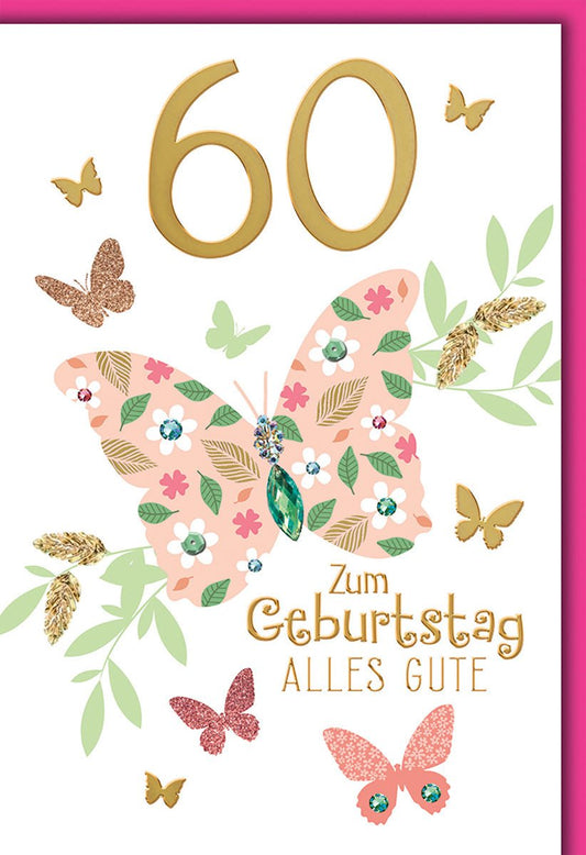 Geburtstagskarte 60. Geburtstag: Eleganter Schmetterling mit Blumenmotiv und Goldakzenten für Damen