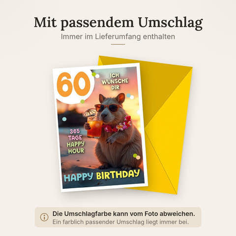 Geburtstagskarte 60 Jahre – Cooles Capybara mit Cocktail und Sommer-Feeling