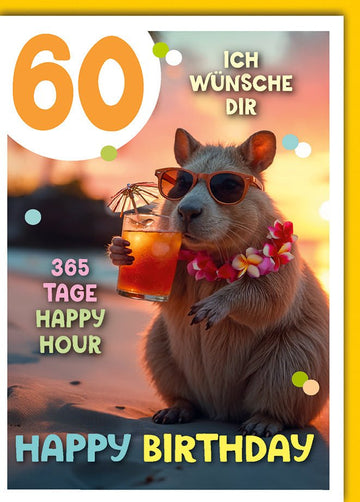 Geburtstagskarte 60 Jahre – Cooles Capybara mit Cocktail und Sommer - Feeling