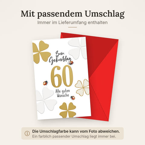 Geburtstagskarte 60 Jahre Geschäftlich – Goldene 60 mit Marienkäfern und Kleeblättern