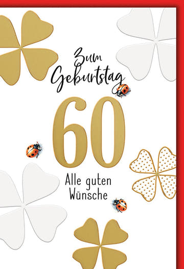 Geburtstagskarte 60 Jahre Geschäftlich – Goldene 60 mit Marienkäfern und Kleeblättern