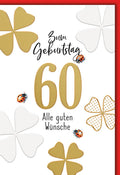 Geburtstagskarte 60 Jahre Geschäftlich – Goldene 60 mit Marienkäfern und Kleeblättern