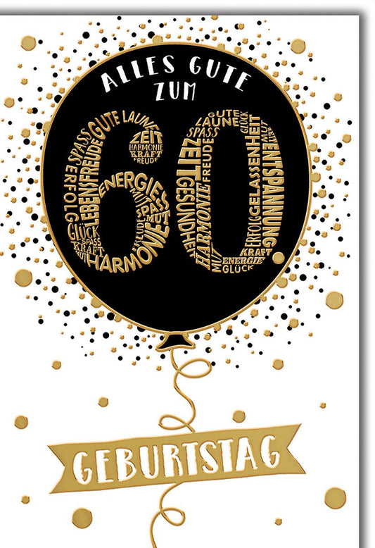 Geburtstagskarte 60 Jahre – Goldener Ballon mit Wortwolke und festlichem Design