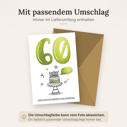 Geburtstagskarte 60 Jahre – Grüne 60 mit Torte und Wow-Sprechblase in modernem Stil