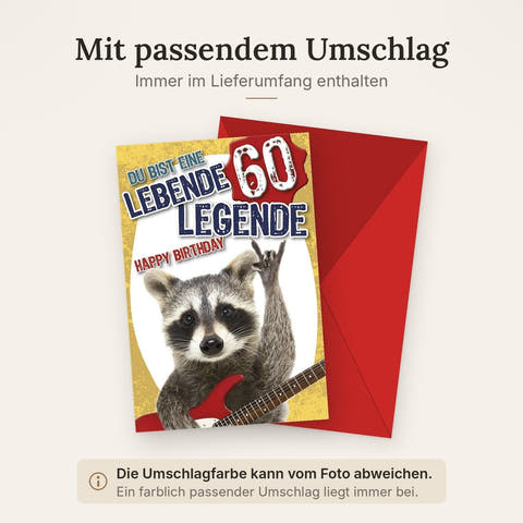 Geburtstagskarte 60 Jahre: Humorvolle Waschbär-Gitarrenkarte - Musikalischer Gruß zum runden Jubiläum