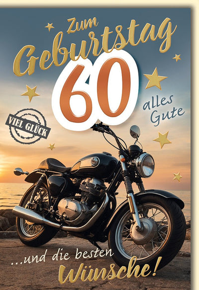 Geburtstagskarte 60 Jahre Männer – Retro Motorrad mit Sternen und Glückwunsch-Siegel