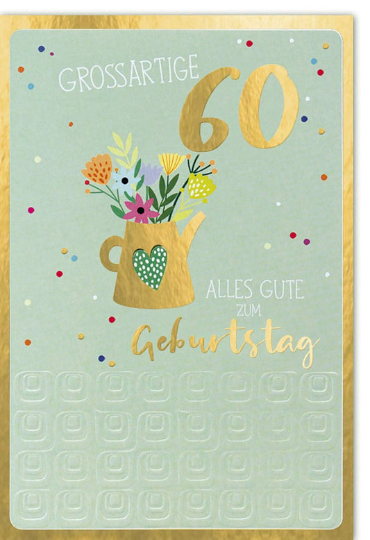Geburtstagskarte 60 Jahre mit Blumenstrauß und Goldprägung edle Doppelkarte zum runden Geburtstag farbenfroh liebevoll gestaltet