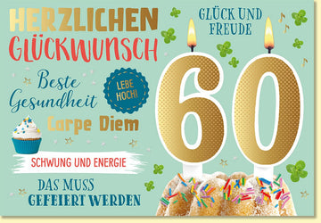 Geburtstagskarte 60 Jahre mit Kerzen und Torte Herzlichen Glückwunsch Gesundheit und Freude farbenfroh für runden Geburtstag