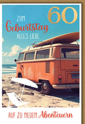 Geburtstagskarte 60 Jahre – Retro VW-Bus am Strand mit Abenteuer-Motiv
