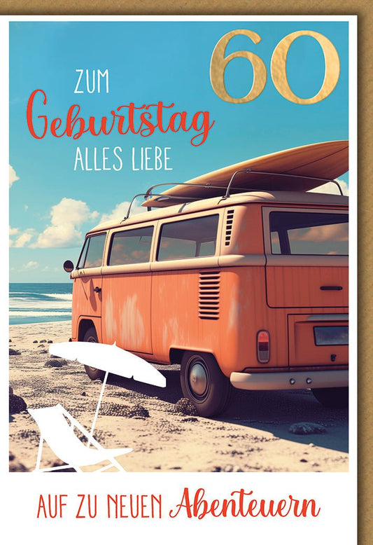 Geburtstagskarte 60 Jahre – Retro VW - Bus am Strand mit Abenteuer - Motiv