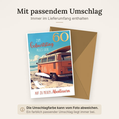 Geburtstagskarte 60 Jahre – Retro VW-Bus am Strand mit Abenteuer-Motiv