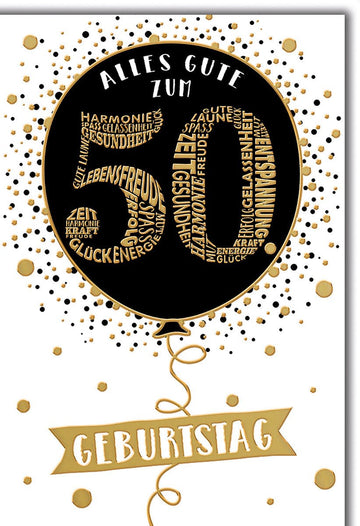 Geburtstagskarte 60 Jahre – Schwarzer Ballon mit Wortwolke und goldenen Akzenten