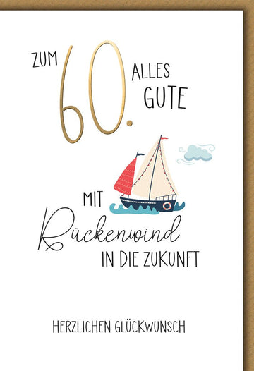 Geburtstagskarte 60 Jahre – Segelboot mit Rückenwind und maritimer Illustration