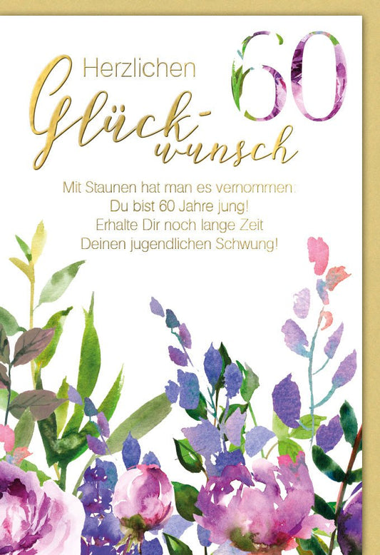 Geburtstagskarte 60 Jahre - Stilvolle Glückwünsche mit Aquarellblumen zum runden Jubiläum