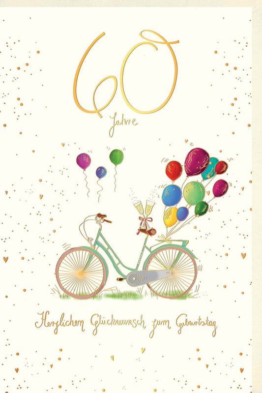 Geburtstagskarte 60 Jahre: Vintage Fahrrad mit Luftballons, Herzliche Glückwünsche und Feierlaune