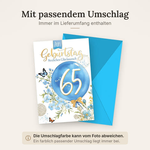 Geburtstagskarte 65 Jahre – Blaue Ballons mit Schmetterlingen und Blumenmuster