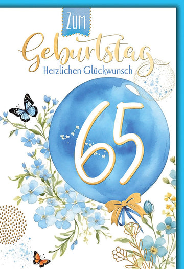 Geburtstagskarte 65 Jahre – Blaue Ballons mit Schmetterlingen und Blumenmuster