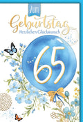 Geburtstagskarte 65 Jahre – Blaue Ballons mit Schmetterlingen und Blumenmuster
